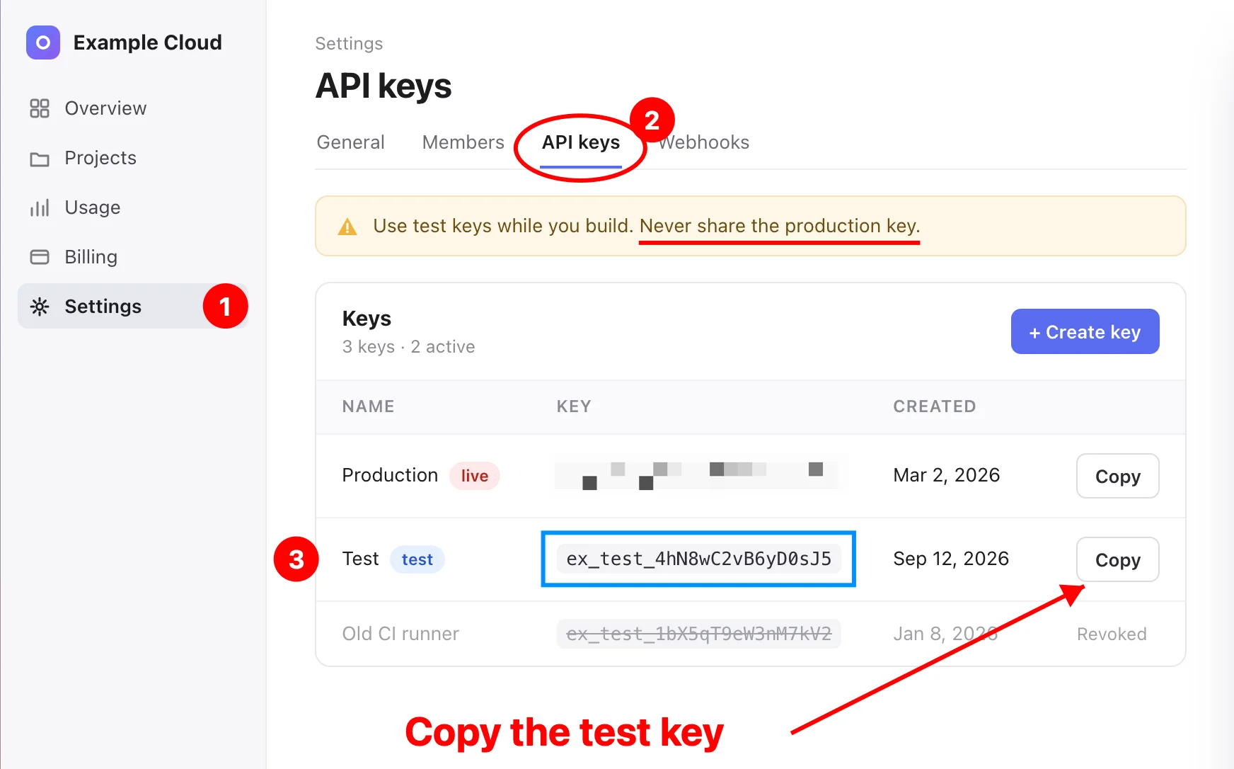 An annotated screenshot of an API keys page: numbered badges 1 to 3, the API keys tab circled, a warning underlined, the production key pixelated, the test key boxed in blue, and a red note with an arrow: Copy the test key.
